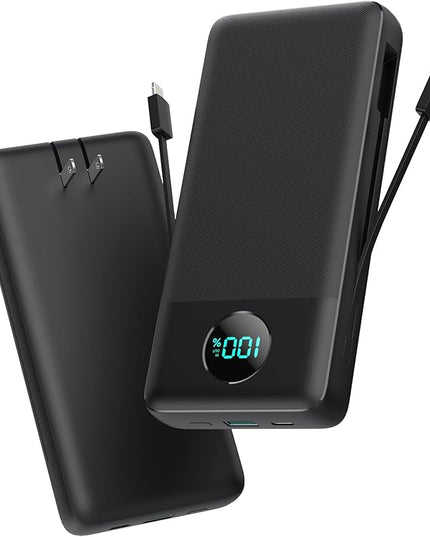 Portable Charger 33800mAh USB C Power Bank with Built-in Cables & AC Wall Plug,25W Fast Charging+QC 4.0 Phone Charger,4 Output Travel Essentials Battery Pack for iPhone16/15/14/13,Samsung,Android etc