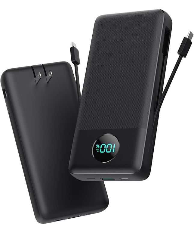 Portable Charger 33800mAh USB C Power Bank with Built-in Cables & AC Wall Plug,25W Fast Charging+QC 4.0 Phone Charger,4 Output Travel Essentials Battery Pack for iPhone16/15/14/13,Samsung,Android etc