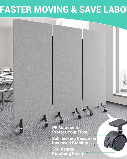 Soundproof Room Divider with Wheels, 66in Office Dividers for Sound Proofing & Reducing, 3 Panel Sound Proof Dividers for Office Partitions Portable Temporary Wall Acoustic Wall Divider，Light Grey