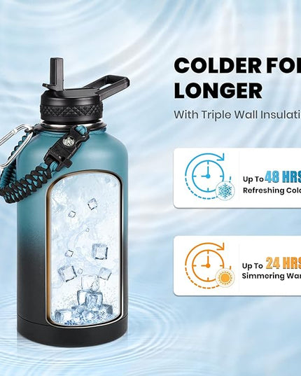 Insulated Water Bottle 64 oz, Triple Wall Vacuum Stainless Steel (Cold for 48 Hrs), Leak Proof & Non-BPA, Half Gallon Water Flask Jug with Paracord Handle & Straw Spout Lids