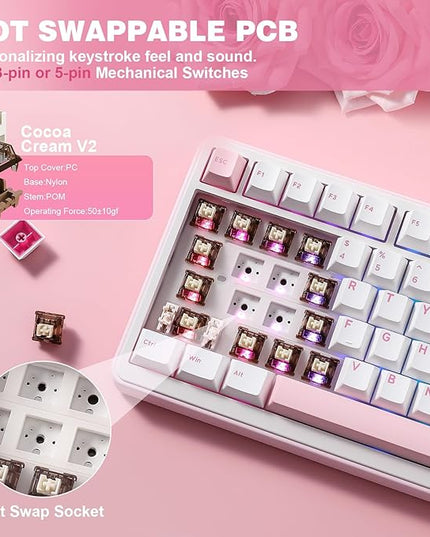 YUNZII B75 PRO Wireless Mechanical Keyboard,75% Layout with Knob,Hot Swap Gasket Structure,Creamy Pre-lubed Switches,RGB Backlit,Bluetooth/Type-C/2.4G for Win/Mac (White, Cocoa Cream V2 Switch)