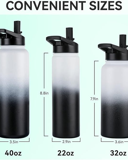 DOMICARE Insulated Water Bottle, 22 oz Vacuum Insulated Stainless Steel Reusable Sports Bottle with Straw Lid & Spout Lid for Travel, Camping, Bike, Leakproof, Black/White, 4 Pack