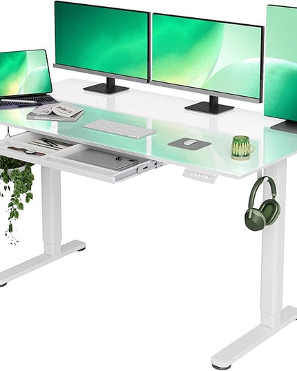 INNOVAR Glass Standing Desk with Drawers, 55×27.6 Inch Adjustable Stand Up Desk Quick Install Home Office Computer Desk, Super White