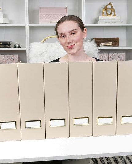 BLU MONACO | Set of 6 Foldable Taupe Magazine File Holders with Label Holders | Vertical File Organizer & File Storage Boxes for Desk, Shelves & Home Office