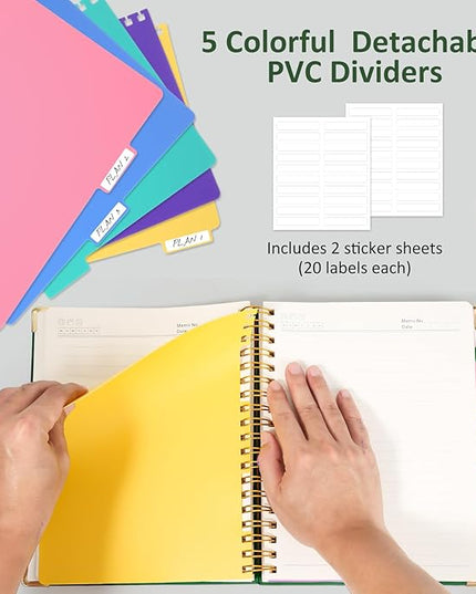 Hardcover Spiral Notebook Journal, 8"x10" Large B5 Notebooks with Removable Dividers Tabs, 300 Pages Leather 5 Subject Notebook College Ruled, Journal for Work School Note, 100 GSM Thick Paper,Green.