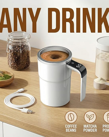 Automatic Magnetic Stirring Coffee Mug with Temperature Display, Rechargeable Self Stirring Mug, Portable Coffee Mug for Home Office Travel (White)