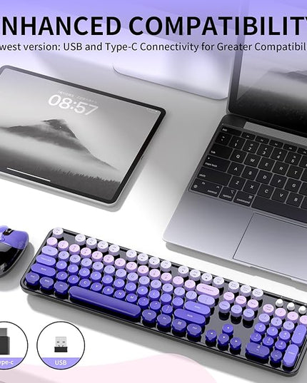 Wireless Keyboard and Mouse, 104 Round Keycaps Retro Typewriter with OTG & Brush, Full-Size Ergonomic, Ideal for Windows PC, Home, Office and College Purple Pink