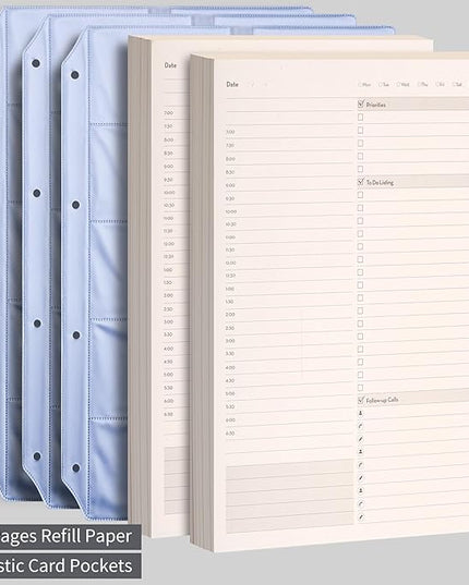 EMSHOI Undated Daily Planner 9.2" X 12", Large To Do List Notepad, 240 Refill Pages Ring Binder Planner, Hardcover Leather Appointment Book for Work, with Yearly Schedule, Habit Tracker, Black