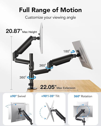 HUANUO Dual Monitor Mount up to 32 inches Screens, Taller Monitor Stand Hold 19.8lbs, Dual Monitor Arm Desk Mount Easy Adjustable with Tilt, Swivel, Rotation, VESA 75/100mm