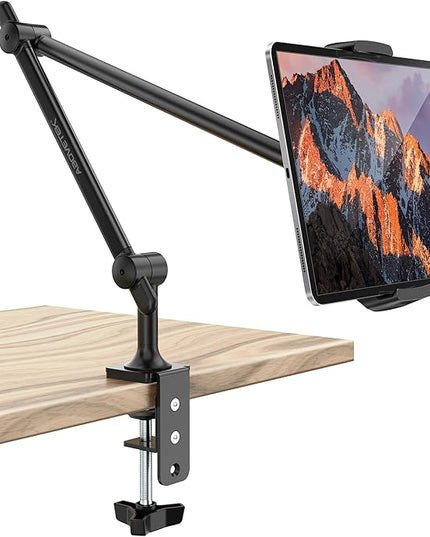 AboveTEK Tablet Stand Holder for Desk & Bed, Aluminum iPad Holder Arm with 360° Rotating Clamp, Adjustable Phone Stand Compatible with 4.7"-13.5" iPad Pro/Air/Mini, iPhone, Galaxy Tab- Black