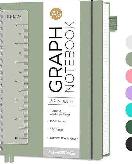 AHGXG Graph Paper Notebook - Spiral Notebook Journal 160 Pages, A5 Graph Notebook 5.7" x 8.3", 100 gsm Thick Grid Paper, Waterproof Plastic Cover, for School Writing Engineering Math, Sage Green