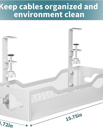 Under Desk Cable Management Tray White, Litwaro Cable Management Under Desk No Drill, Cable Organizer with Clamp for Wire Management, Cord Organizer for Office, Home No Damage to Desk