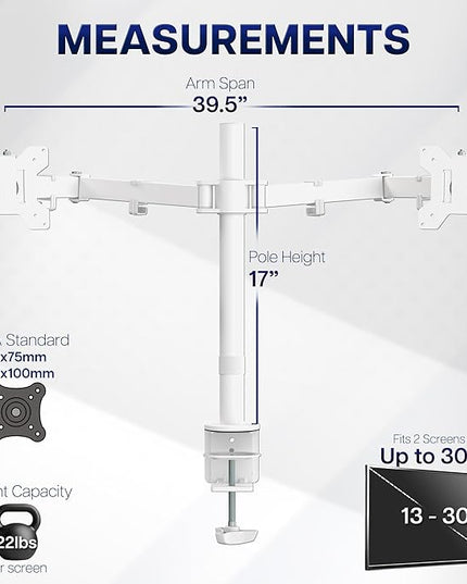 VIVO Dual Ultrawide Monitor Desk Mount, Heavy Duty Fully Adjustable Steel Stand, Holds 2 Computer Screens up to 38 inches and Max 22lbs Each, White, STAND-V038W