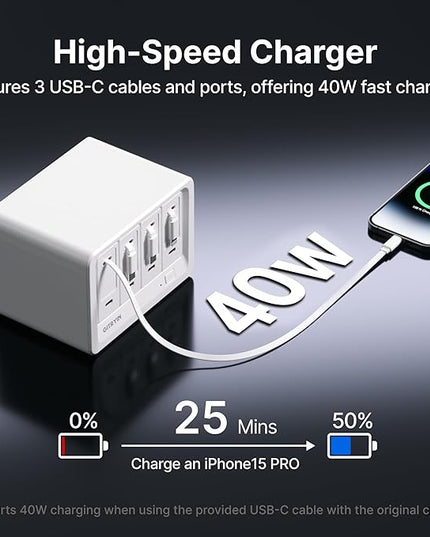 Gitryin 12-in-1 Desktop Charging Station with 3 Retractable Type-C Chargers and 1 Lightning Charger, 40W USB-C Power Strip with 33.5in Cable, Extension Cord with 1020J Surge Protection for Home Office