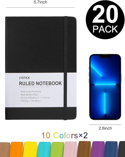 20 Pack Journals for Writing College Ruled Notebooks Journal in Bulk, Hardcover Notebooks (200Pages) for Note Talking, Lined Bullet Journals for Home School Office, 5.7"x8.4", 10 Colors