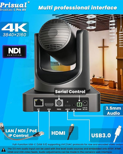 Prisual 4K NDI PTZ Camera, Advanced PTZ Auto Tracking 20X HDMI/USB3.0 PTZ Camera, 1/1.8”4K UHD 30P with Built-in Tally Light for Church Conference Events, PoE, PT20X-4K-N