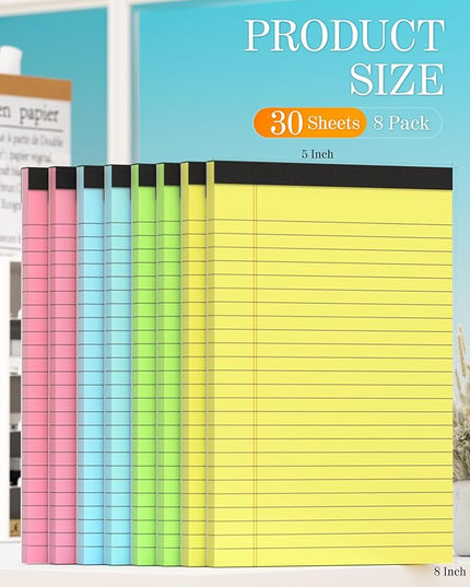 Note Pads 5x8 Colored Legal Pads, 8 Pack Mini Legal Pads 5x8 College Ruled, Pink Notebook Paper Lined Note Paper, Colored Notepads 5 x 8 Pastel Notepad, Small Writing Pads Paper 5x7, 30 Sheets Each