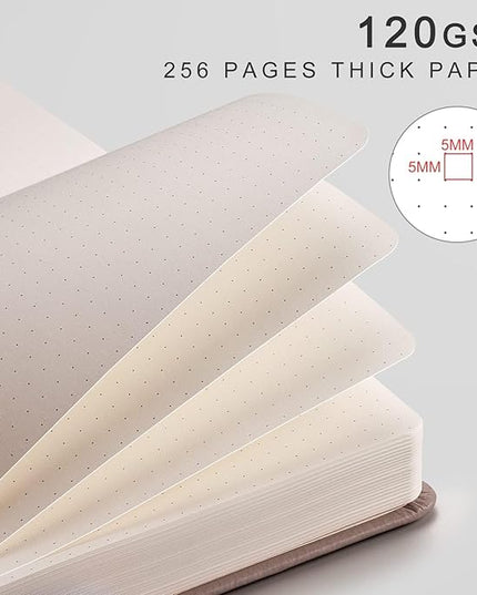 EMSHOI Dotted Notebook - 256 Pages A5 Dot Grid Journal Bullet Notebook with 120gsm Thick Dotted Paper,16 Perforated Pages, Hardcover Leather, Pen Holder, Inner Pocket, 5.75'' × 8.38''-Khaki