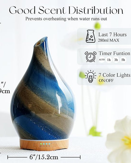 Porseme 280ml Essential Oil Diffuser Glass Color Changing Aroma Air Diffusers Aromatherapy Ultrasonic Cool Mist Humidifier 7 Running Hours Waterless Auto-Off for Sleeping, Yoga, Office, Spa (Galaxy)