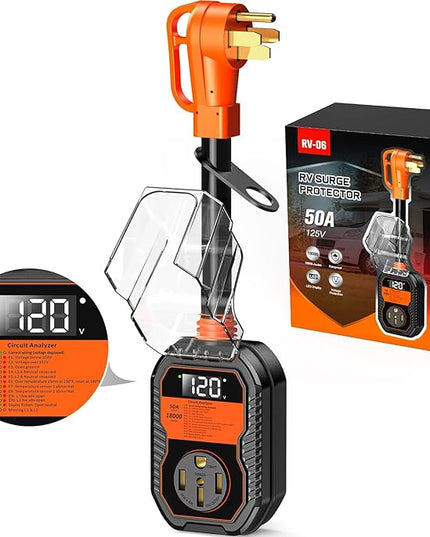 18,000J RV Surge Protector 50 Amp with LED Display, 50 Amp Surge Protector for RV with Voltage Monitoring, Clear Error Codes, Comprehensive Detection, IP68 Waterproof