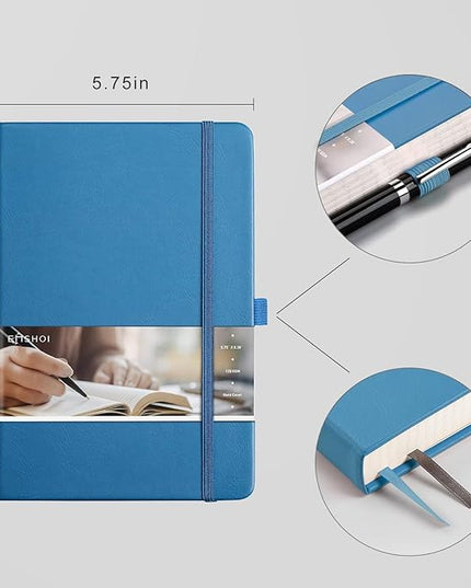 EMSHOI A5 Graph Paper Notebook Journal - 256-Page Hardcover, 120gsm Thick Ink-Proof Paper, PU Leather Cover with Inner Pocket, Portable 5.75"x8.38" Size for Work, Math, Engineering – Light Blue