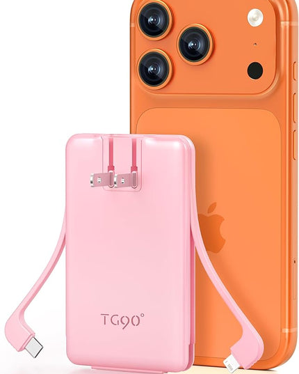 TG90° 5000mAh Portable Charger Built-in AC Wall Plug and Cables, Slim Fast Charging Power Bank, Pocket Size USB C External Battery Pack Compatible with iPhone 17 16 15 14 13 12 Samsung Google iPad