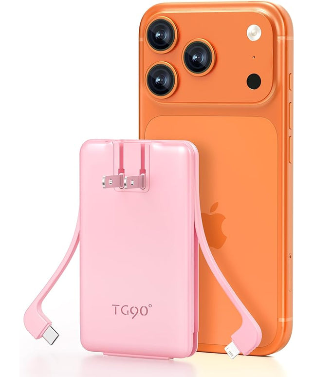 TG90° 5000mAh Portable Charger Built-in AC Wall Plug and Cables, Slim Fast Charging Power Bank, Pocket Size USB C External Battery Pack Compatible with iPhone 17 16 15 14 13 12 Samsung Google iPad