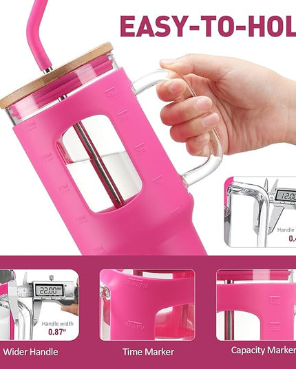 Glass Tumbler with Straw and Lid, 40 oz glass cup with handle, Glass Water Bottles with Time Marker, Silicone Protective Sleeve-Rose Red