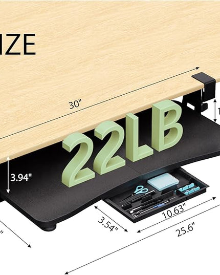 Desktop Keyboard Tray, Under Desk Pull Out,25.59" X 11.81" Large Size Radian Keyboard Tray with C-Clip Mount, Easy Installation, Computer Keyboard Stand, for Home Study and Office(Black)