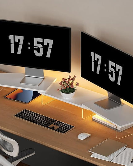 LED Dual Monitor Stand Riser for 2 Monitors, Office Desktop Wooden Stand Adjustable Length and Angle 3 Shelf, Extra Long Multifunctional Stand up to 44.4" for Computer, Laptop, TV, White
