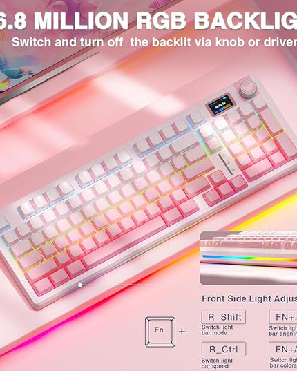 AULA S98 Pro Wireless Mechanical Keyboard with Screen & Knob,2.4GHz/USB-C/BT5.0 Hot Swappable Pink Creamy Keyboard,Pre-lubed Linear Switches,Side Printed PBT Keycaps,RGB Backlit Gaming Keyboards