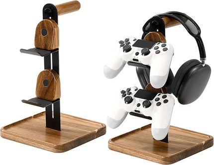 Game Controller&Headphone Wood Stand for Desk, Adjustable 2 Tiers Game Controller Holder for PS/Xbox/Switch/Nintendo,Accessories Managment,Wood,Black
