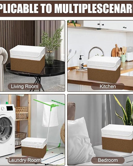 Large 22 Quart Linen Fabric Foldable Storage Bin Cube Organizer Basket with Flip-Top Lid & Handles, Clothes Blanket Box for Home, Office, Closet, Brown & White, 4 Pack 14.6 x 9.5 x 9.5