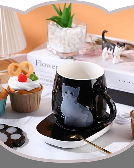 Honeydak Coffee Mug Warmer Cute Cat Mug Set Cup Warmer for Women Heated Coffee Warmers for Mom Home Office Desk Valentine's Day Anniversary Birthday Gifts(Cat,Black)
