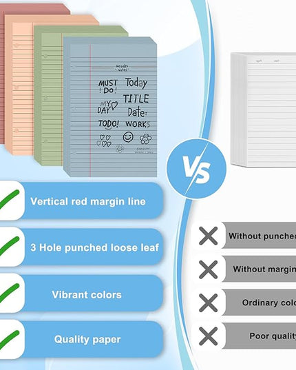 200 Sheets Half Letter Lined Paper 5.5 X 8.5 In Colored Notebook Paper College Ruled Loose Leaf Paper 3 Hole Punched Half Mini Binder Inserts Fit 3 Ring Binder for School Office