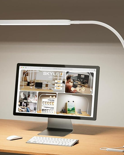 SKYLEO Led Desk Lamp - 33.5" Desk Light - Flexible Gooseneck - 5 Color Modes X 11 Brightness Levels - 1300LM - Timmer & Memory Function - 12W Clip on Light - White