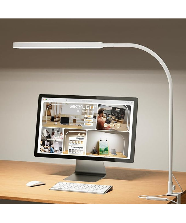 SKYLEO Led Desk Lamp - 33.5" Desk Light - Flexible Gooseneck - 5 Color Modes X 11 Brightness Levels - 1300LM - Timmer & Memory Function - 12W Clip on Light - White
