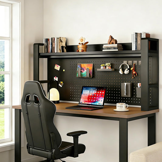 LINLIUA 2/3/4 Tier Desk Hutch, Metal Desk Shelf with Pegboard, Desk Shelves for Top of Desk, Freestanding Desktop Bookshelf, Desktop Shelf Organizer Display Rack for Dorm Office and Home