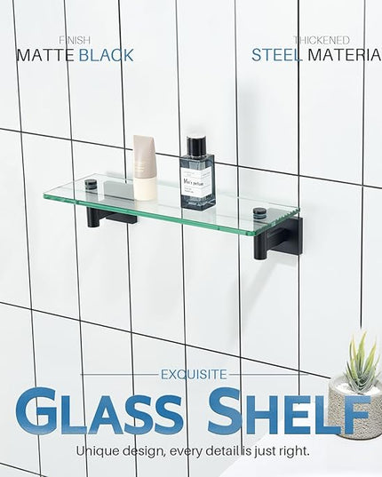 KOKOSIRI Bathroom Shelves Glass Floating Shelf 12-Inch for Bedroom, Living Room, Kitchen, Small Hanging Rack Rustproof Wall Mounted Black B1105BK-L12