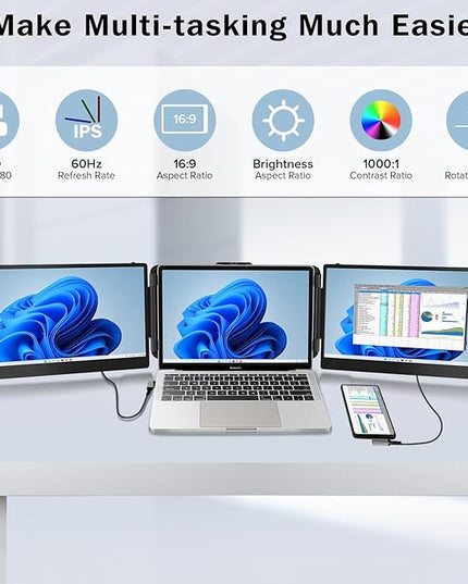 CopGain Laptop Screen Extender - 14 Inch 1080p FHD IPS Triple Portable Monitor for 13-17.3 Inch Laptops - Plug and Play Type-C/HDMI for Windows, Mac