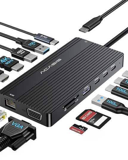 USB C Docking Station Dual HDMI Monitor, Laptop Docking Station 3 Monitors, 2 * 4K HDMI+1080p VGA+100W PD+Ethernet+3 USBC 10Gbps+SD/TF+Audio Adapter, USB C Hub for Dell/Lenovo/HP/ThinkPad(Black)