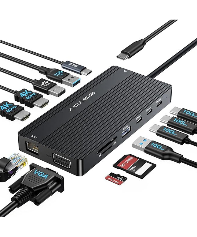 USB C Docking Station Dual HDMI Monitor, Laptop Docking Station 3 Monitors, 2 * 4K HDMI+1080p VGA+100W PD+Ethernet+3 USBC 10Gbps+SD/TF+Audio Adapter, USB C Hub for Dell/Lenovo/HP/ThinkPad(Black)