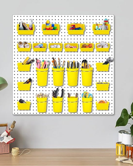 Roowest 60 Pcs Pegboard Cups Pegboard Bins Set, Wall Organizer with Hooks and Loops, Hooks Assortment Organizer Accessory for Office Storage Garage Craft Workshop(Yellow)