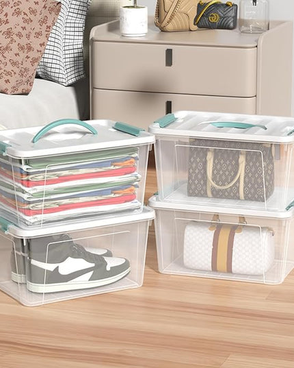 Readsky 4 Packs Clear Storage Latch Box Plastic, 14 Quart Plastic Storage Bin with Lid and Handle