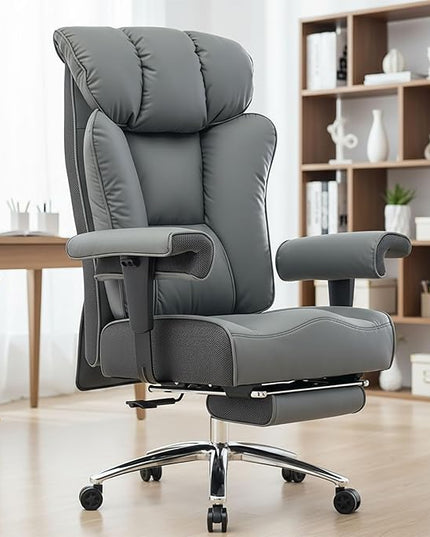 Efomao Big and Tall Office Chair 450LBS with Foot Rest, High Back PU Leather Executive Chair with Adjustable Padded Armrests, Lumbar Support for Home or Work, Heavy Duty Computer Chair, Grey