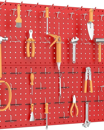 TORACK Metal Pegboard Wall Organizer 24" x 24" or 12" x 48", 70 PCS Tool Storage Pegboard for Garage Tool Organizer Board with Pegboard Hooks for Workbench(Red)