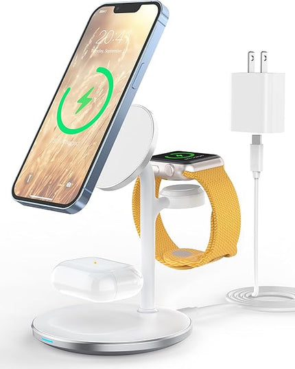 XooFly 3 in 1 Wireless Charging Station for Apple Devices, 15W Fast Wireless Mag-Safe Charger Stand with 20W Adapter for iPhone 17 16 15 14 13 12 Pro Max/Air/Plus/Pro/Mini,iWatch,AirPods (White)