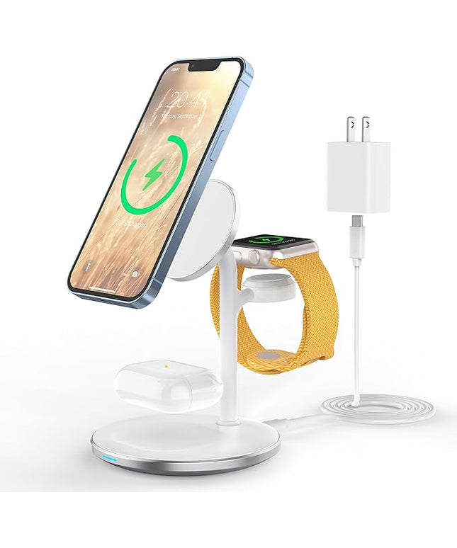 XooFly 3 in 1 Wireless Charging Station for Apple Devices, 15W Fast Wireless Mag-Safe Charger Stand with 20W Adapter for iPhone 17 16 15 14 13 12 Pro Max/Air/Plus/Pro/Mini,iWatch,AirPods (White)