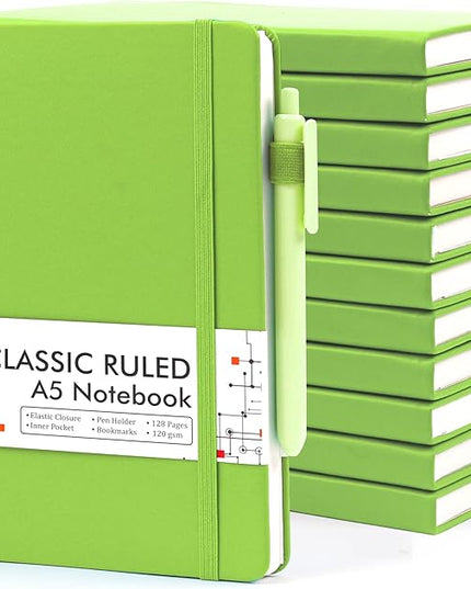 feela 12 Pack Notebooks Journals Bulk, Hardcover Notebook Classic Ruled Lined Journals with Pen Holder for Women Girls School Business Supplies, with 12 Black Pens, 120 GSM, 5.1”x8.3”, A5, Green