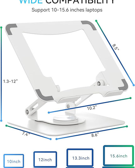 SOUNDANCE Laptop Stand with 360° Rotating Base, Ergonomic Computer Riser for Desk, Adjutable Height Muti-Angle, Foldable Laptop Mount, Stable Metal Holder Support 10-15.6" Notebook PC, White